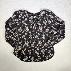 LOFT Women's Blouse Black Floral Pattern W/Gold Thread Small Peasant Boho V neck